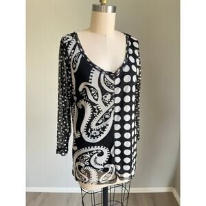 Vintage 90s Y2K 100% Silk Mixed Print Top‎ Large Sheer Stretchy Whimsigoth Cyber